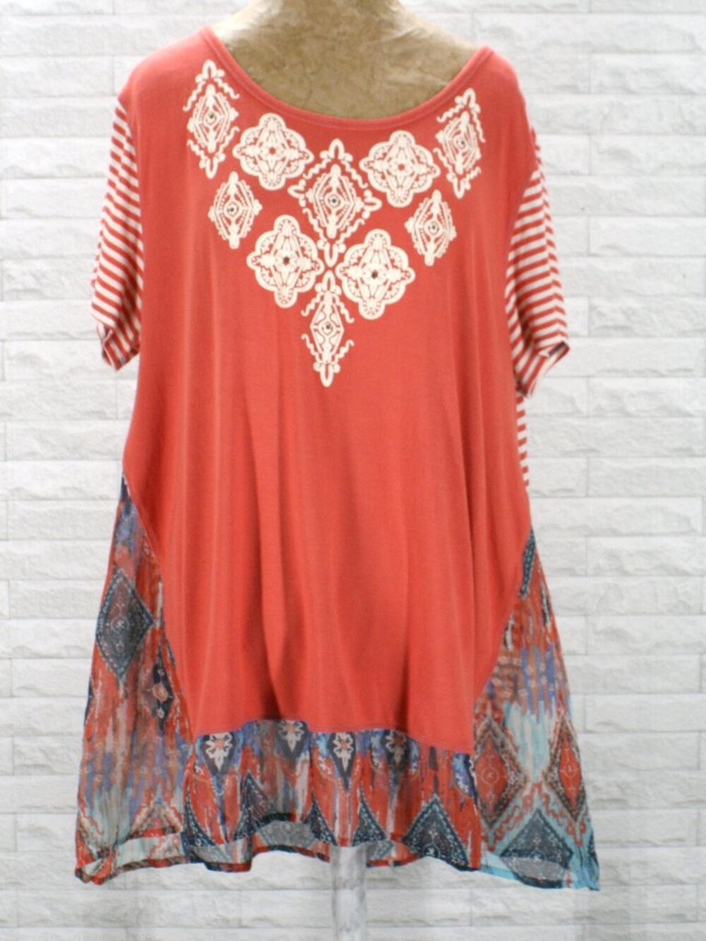 MULTIPLES Top Mixed Media Sheer Knit Geometric Stripe Short Sleeve Boho Tunic XL